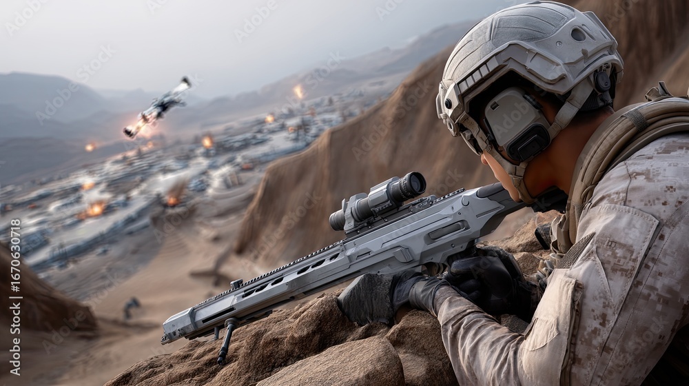 Fototapeta premium Soldier with a rifle observes a distant group while drones hover above in a remote landscape during sunset