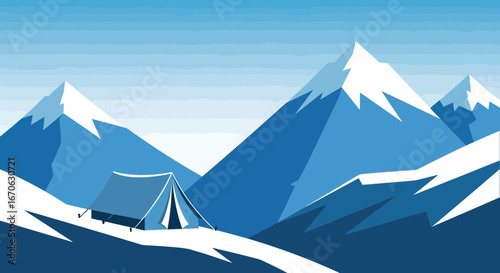 Winter Adventure Landscape With Snow Covered Mountains And a Tent Camp