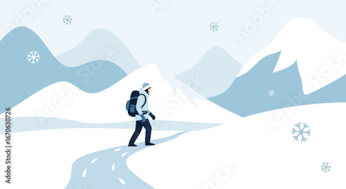Winter Adventure Person Hiking In Snowy Mountains Landscape Illustration