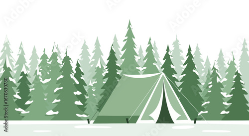 Winter Adventure Serenity Scene With Camping Tent In Snowy Forest Scenery