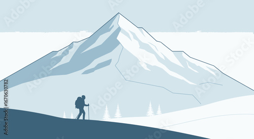 Winter Adventure: Silhouette of Hiker Ascending Mountain Peak in Snowy Landscape