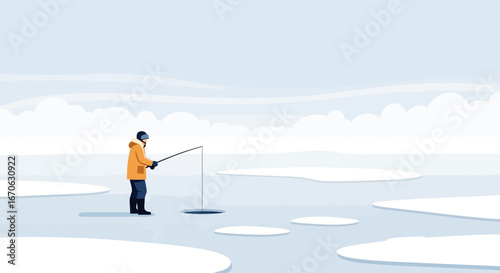 Winter Angler Solitude On Frozen Lake Enjoying Ice Fishing Activity