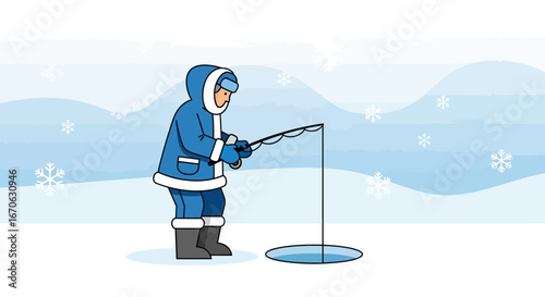 Winter Angler Enjoying The Outdoors Cartoon Illustration In Frozen Landscape