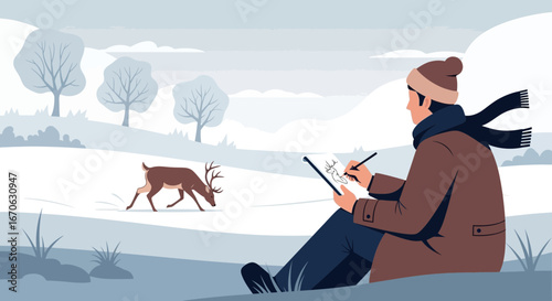 Winter Art: Man Sketching a Deer In a Snowy Landscape With Bare Trees