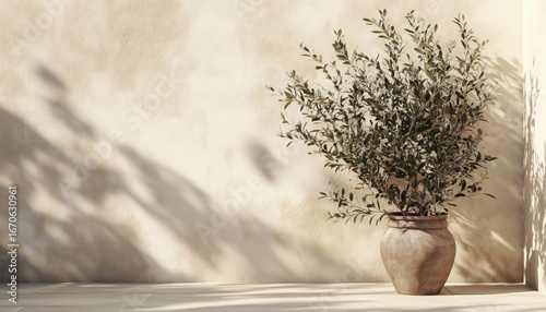 Summer Mediterranean Traditional Home With Olive Tree Shadow And Clay Pot On Beige Rustic Wall. Ure Paint Plaster Facade Mockup For A Neutral Aesthetic.