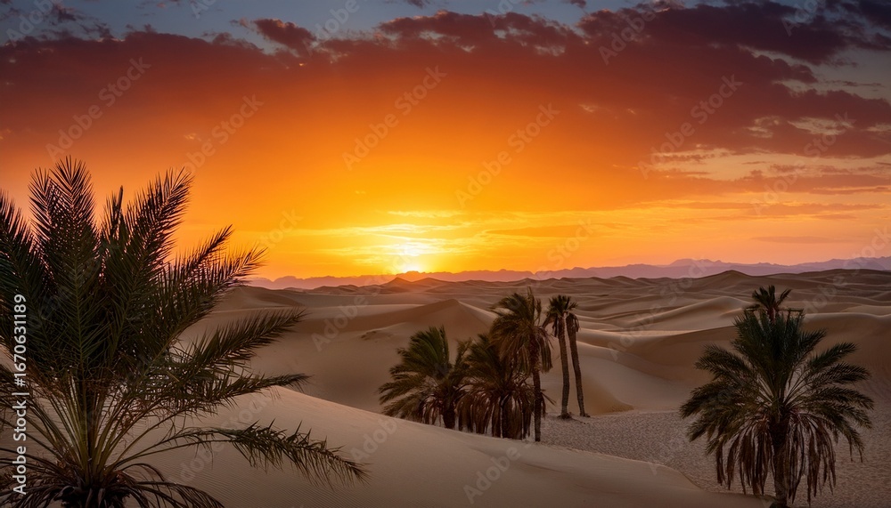 Obraz premium vibrant desert sunset over an oasis with lush palms and rolling dunes