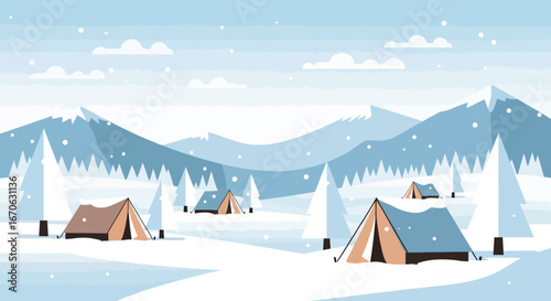 Winter Camping Adventure: A Serene Landscape of Tents Amidst Snow-Covered Mountains