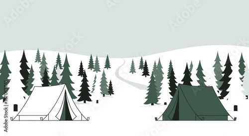 Winter Camping Adventure Amidst Snow Covered Forest Landscape Graphic Art
