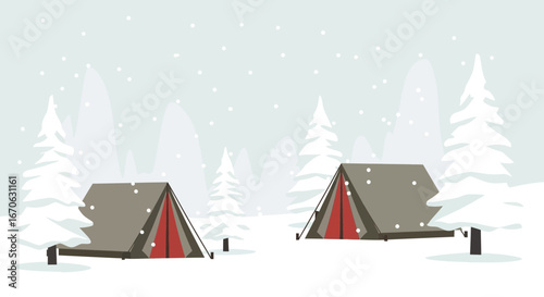 Winter camping adventure: A snowy landscape featuring two cozy tents nestled among snow-covered trees