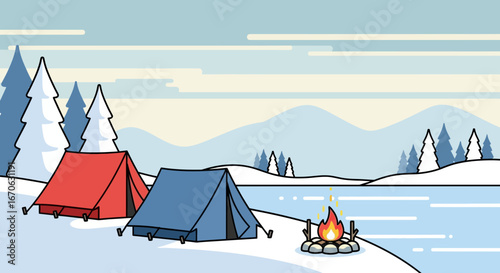 Winter Camping Adventure By The Snowy Lakeside Scene In Graphic Design