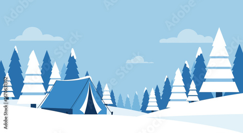 Winter Camping Adventure In Snowy Forest Landscape Illustration Stock Vector