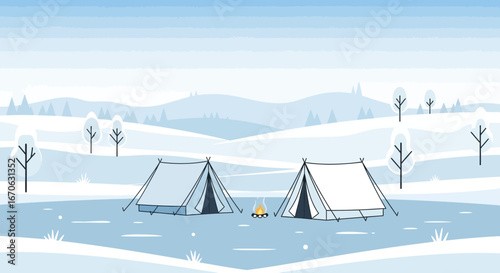 Winter Camping Adventure In Snowy Landscape With Tent And Campfire