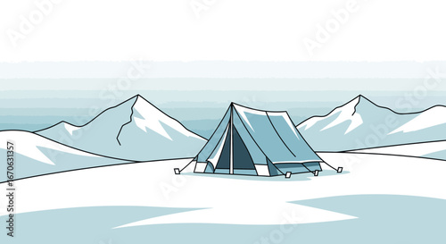 Winter Camping Adventure In Snowy Mountains With A Tent Illustration