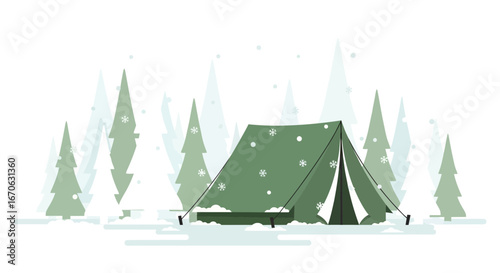 Winter Camping Adventure Scene Amidst Snowy Spruce Forest Landscape