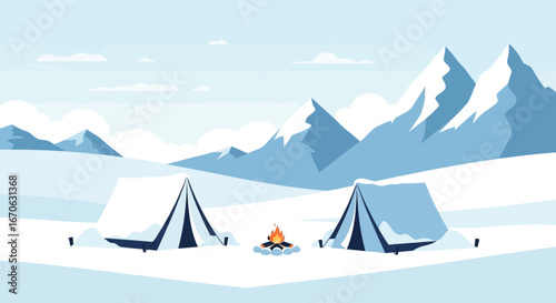 Winter camping adventure in snowy mountains with tents and a cozy campfire in the wilderness landscape