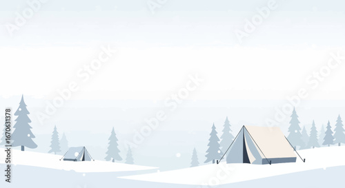Winter Camping Adventure Scene Featuring Tent And Snowy Pine Forest Landscape