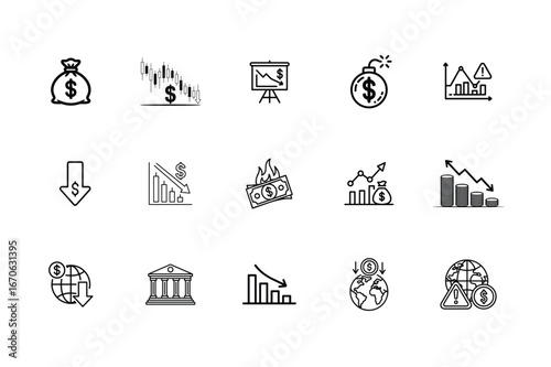 Financial Decline: A graphic depicting a collection of financial downturn, economic downturn, economic and financial crisis, and business distress.