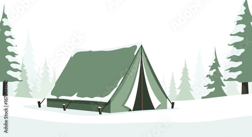 Winter camping scene with a snow-covered tent and evergreen trees evokes nature