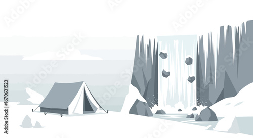 Winter Camping Scene with a Waterfall and Tent Surrounded by Snow and Ice landscape