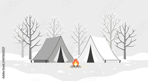 Winter Camping Adventure With Warm Fire In Snowy Landscape Graphic Design