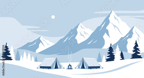 Winter camping scene with snowy mountains, tents and campfire landscape illustration