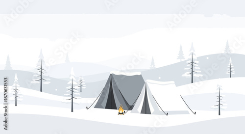 Winter Camping Scene With Tent In A Snow Covered Landscape Illustration