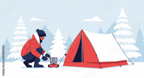 Winter Camping Trip In Snowy Mountains Cooking Food Near The Tent
