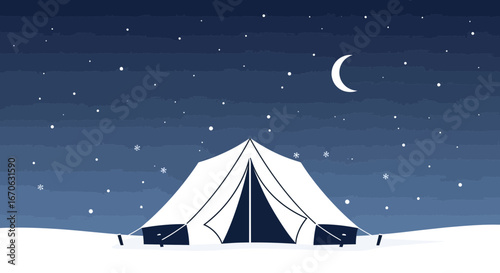 Winter Camping Under Crescent Moon And Starry Sky Adventure Scene