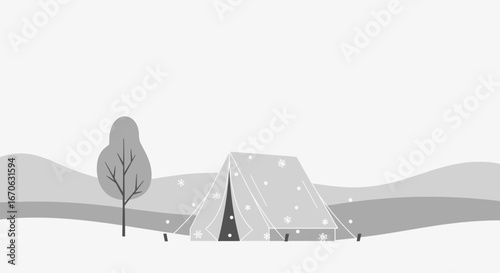 Winter Camping Trip On A Snowy Landscape With Tent And Trees In Monochromatic Design