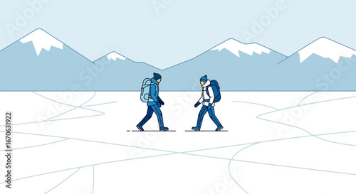 Winter Expedition Two Tourists Exploring Frozen Landscape With Mountain Backdrop