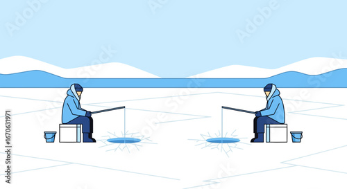 Winter Fishing On The Ice Of A Frozen Lake In The Cold Season