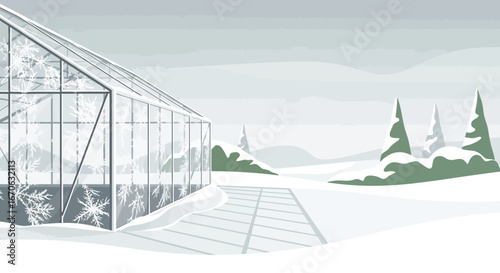 Winter Greenhouse Landscape Scene Featuring Snowflakes on Glass Windows