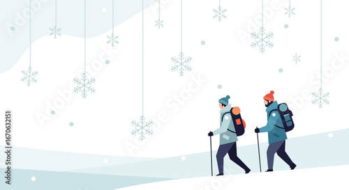 Winter Hiking Adventure In Snowy Mountains Under Falling Gentle Snowflakes