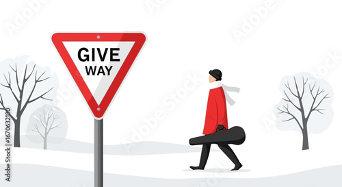 Winter Journey Of A Musician With A Guitar Case Past A Yield Sign