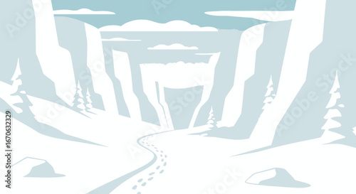 Winter Landscape With Mountains Trees And Snow Footprints In Minimal Style