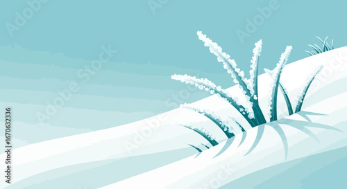 Winter Landscape With Grass Frozen on a Hill Against Light Blue Sky