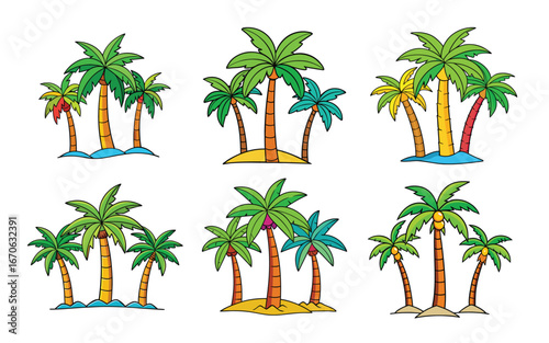 Colorful Palm Tree Illustrations Tropical Island Beach Vacation