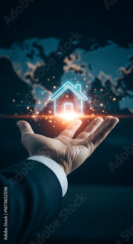 Businessman'S Hand Offering Glowing House Icon Representing Real Estate, Home Ownership, Dream