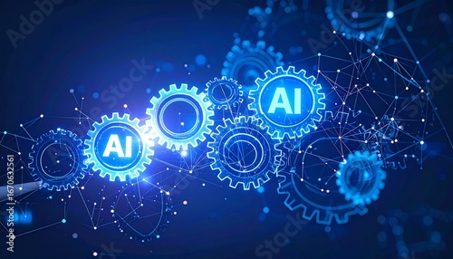 Artificial intelligence gears interlocking representing technological advancement and digital transformation