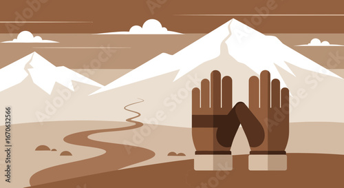 Winter Mountain Expedition With Protective Gloves On A Cold Adventurous Journey