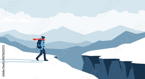 Winter Mountain Adventure With Solo Explorer On Snowy Cliff Edge