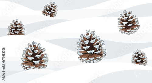 Winter Pine Cones Landscape Background With Snowfall Holiday Season Nature