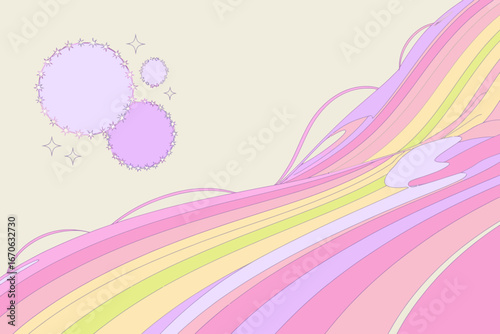 Whimsical Pastel Landscape with Bubbles and Stars Dreamy Abstract Illustration for Creative Projects and Designs