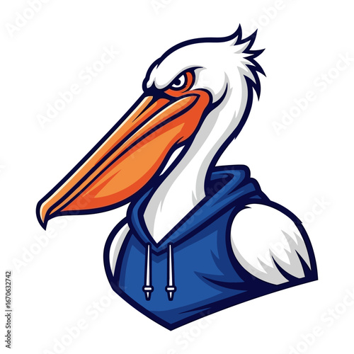 Pelican Mascot with Hoodie: A fierce pelican mascot sporting a blue hoodie, ready to represent team spirit and determination, perfect for various projects.