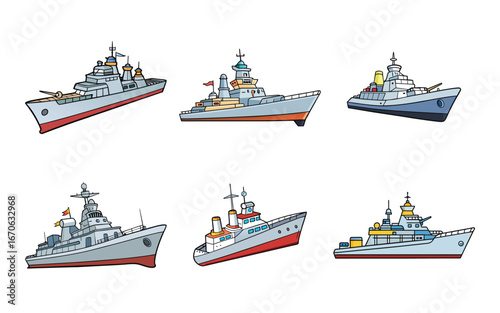 Six Warships Different Designs Naval Vessels Military Ships