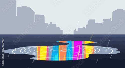 Urban Reflection Cityscape Vibrant Puddle Illustrative Scene Rainy Day Colors