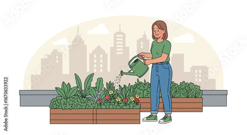 Urban Rooftop Gardening Woman Watering Plants In City Landscape