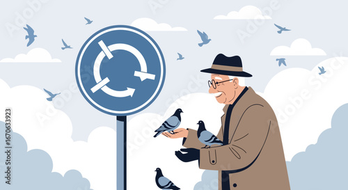 Urban Roundabout Encounter A Whimsical Moment With Doves And A Smiling Elder
