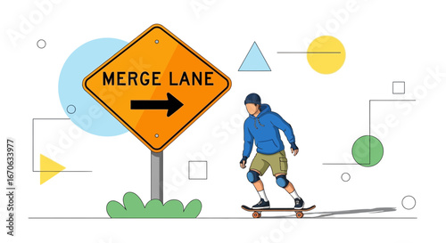 Urban Skater Merge Lane Sign Illustration Against Abstract Geometric Backdrop