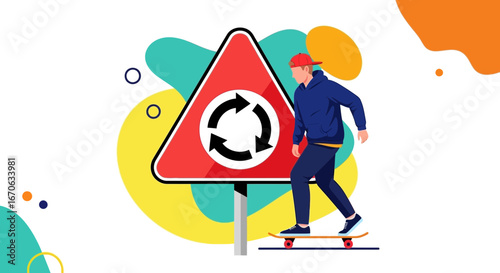 Urban Skater Boy Drifting Around Roundabout Sign In A City Vector Illustration
